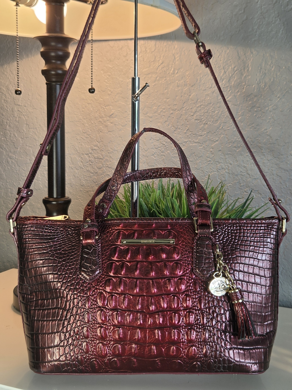 Brahmin Mini Asher Metallic Croc-Embossed Satchel in Deep Wine